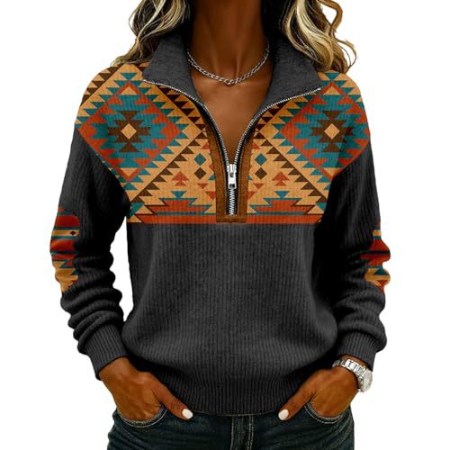 Retro Tribal Print Half-Zip Hoodie for Women