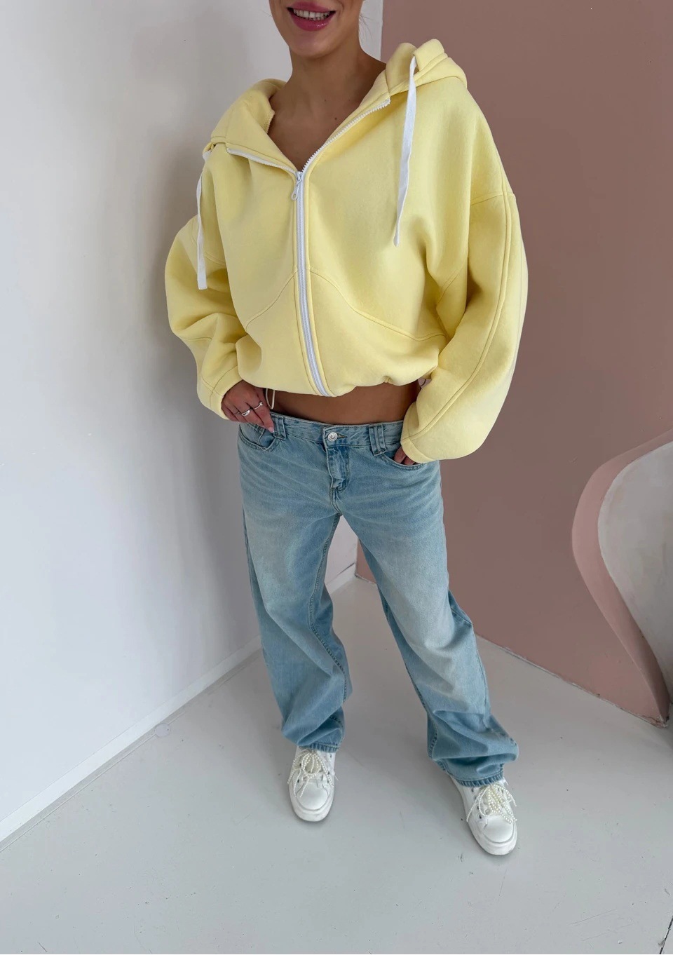 Women's Hooded Zip-Up Fleece Cardigan Sweatshirt Solid Color Long Sleeve Loose Fit Tie-Waist Short Crop Top