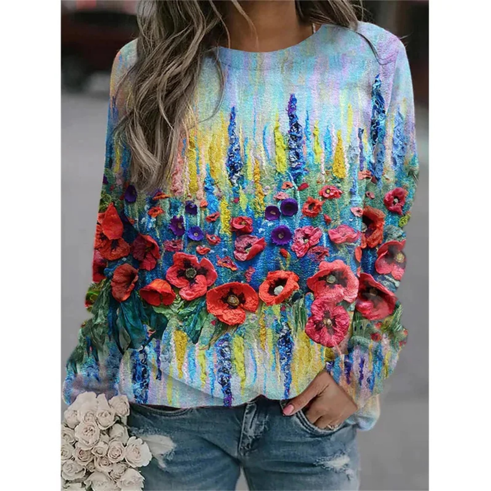 Women's Floral Butterfly Print Crewneck Sweatshirt