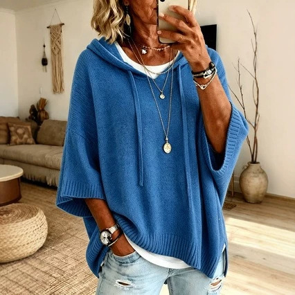 Women's Hooded Drawstring Knit Sweater Pullover