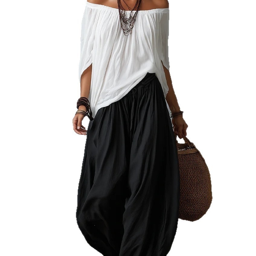 Women's Long Loose Off-Shoulder Top and Lantern Pants Set