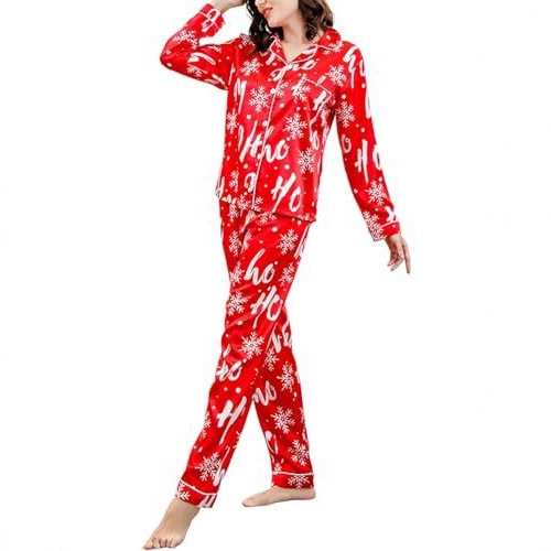 Women's Cuban Collar Christmas Print Long Sleeve Shirt Set