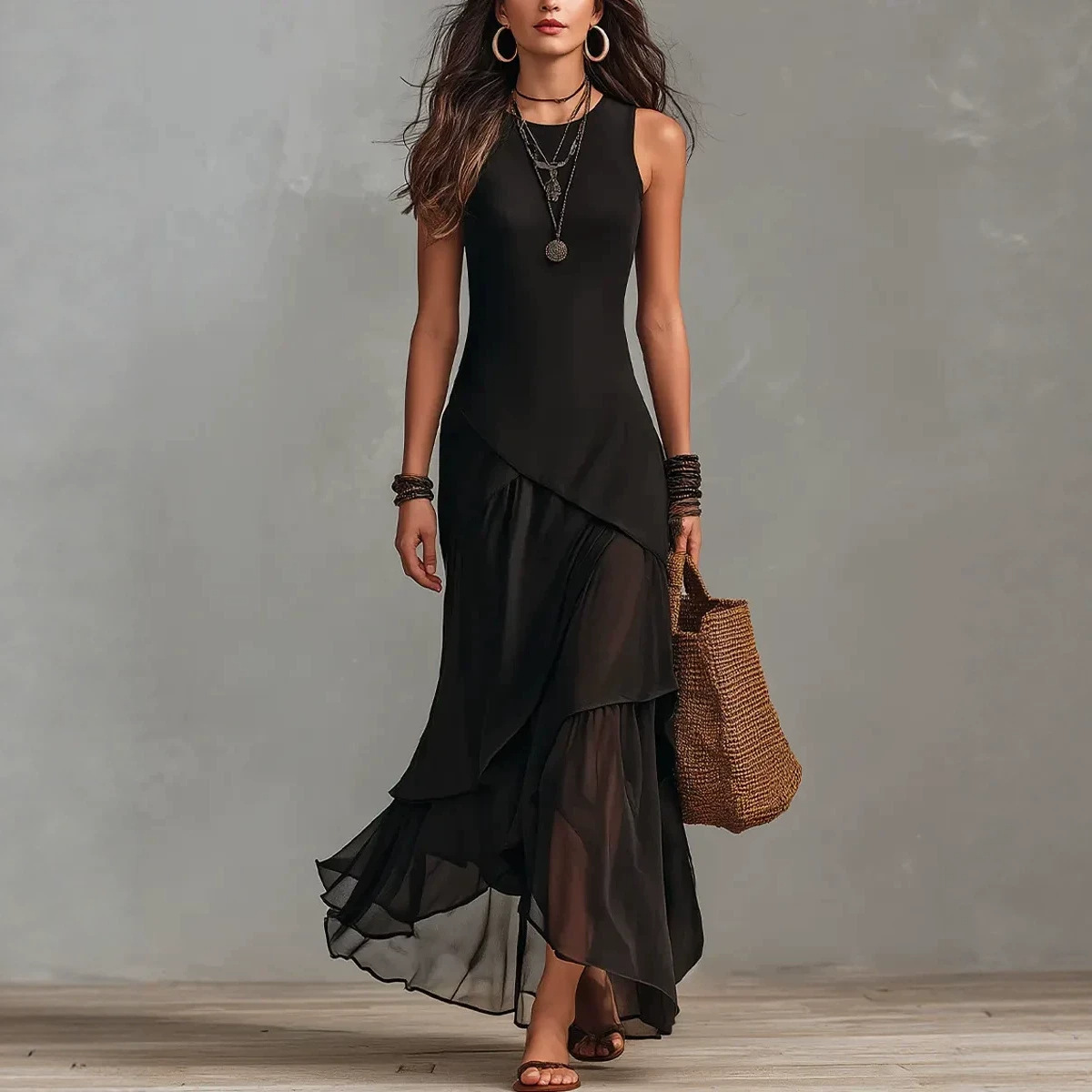 Black Sleeveless Round Neck Slim Fit Asymmetric Tiered Chiffon Ruffle Maxi Dress