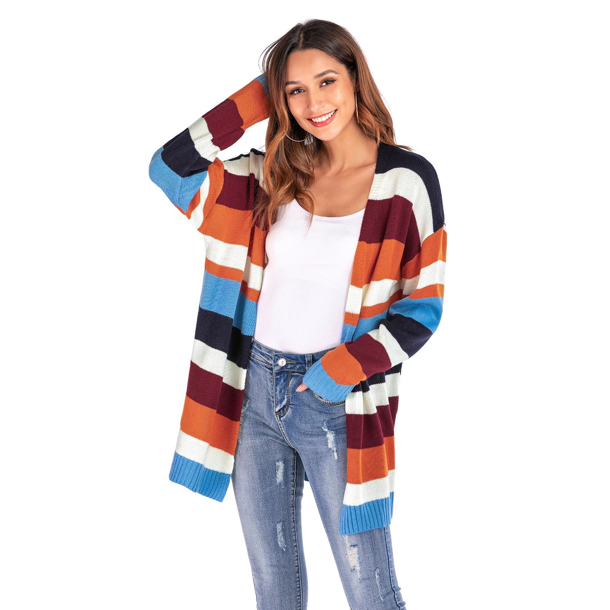 Women's Plus Size Striped Open Front Knit Cardigan Loose Batwing Sleeve