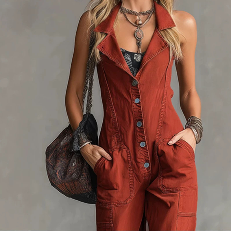 Rust Red Collared Denim Jumpsuit Retro Straight Leg Sleeveless