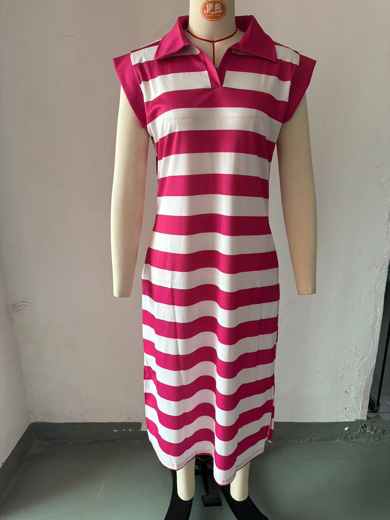Striped Collared Long Dress with Pockets