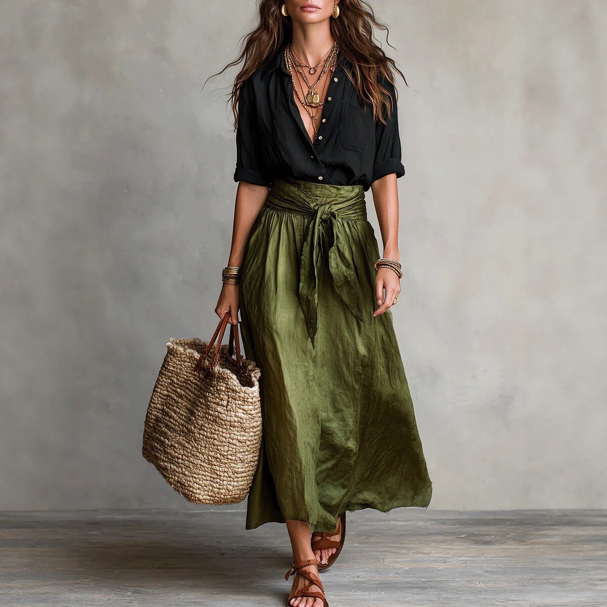 Women's Loose V-Neck Ruffle Waist Two-Piece Dress Set