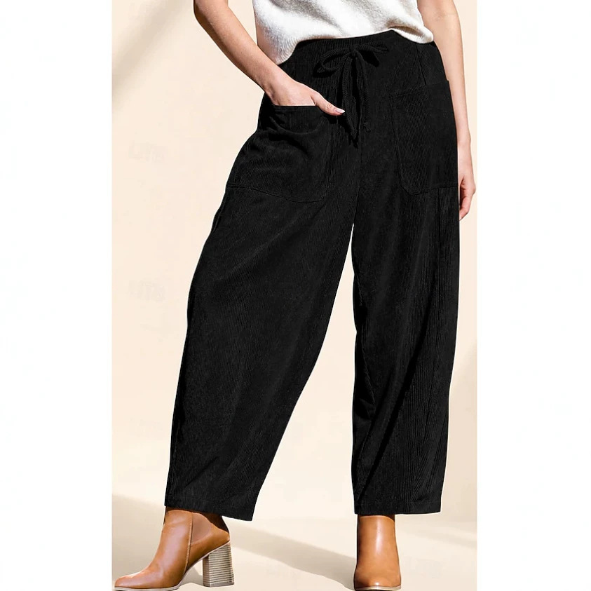 Corduroy Wide-Leg Harem Pants with Pockets