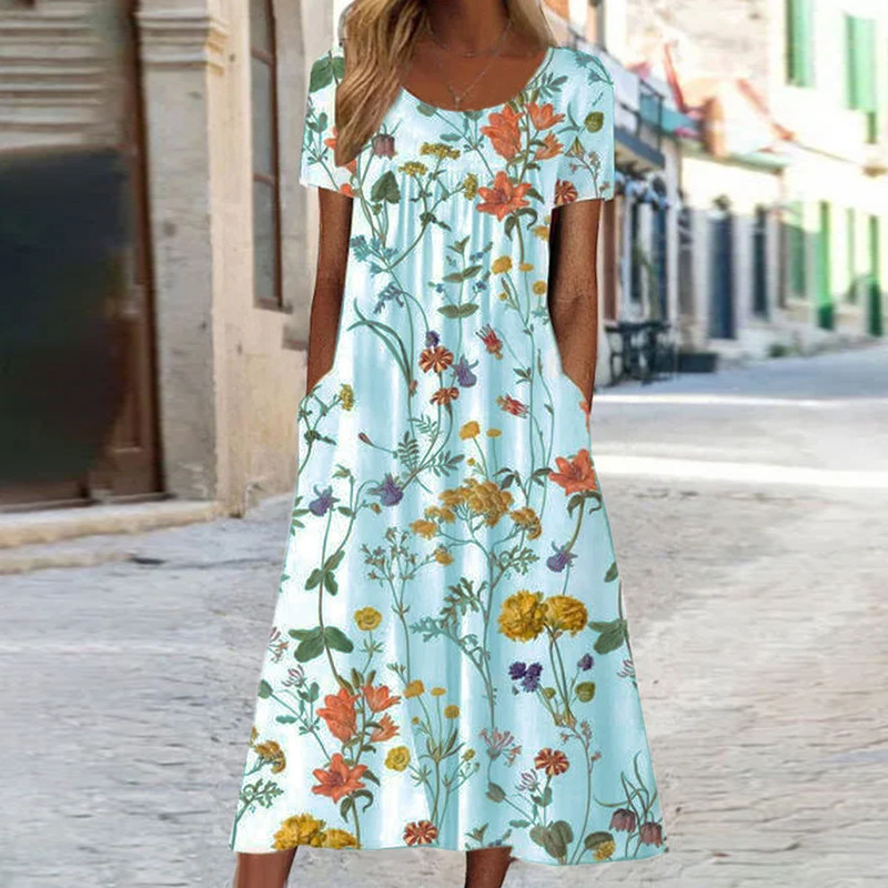 Women's Floral Print Ruched Midi Dress Short Sleeve Crew Neck