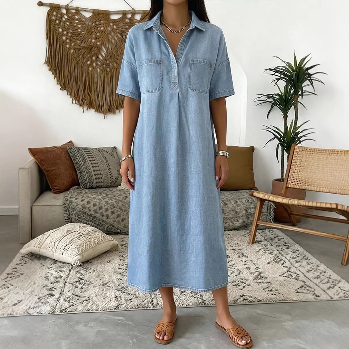 Women's V-Neck Faux Denim Dress Loose Casual Midi