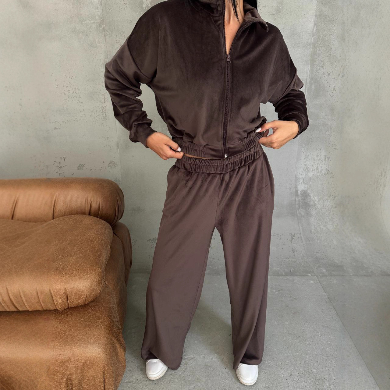 Women's Long Sleeve Zip-Up Collared Cardigan Sweatshirt and Pants Set