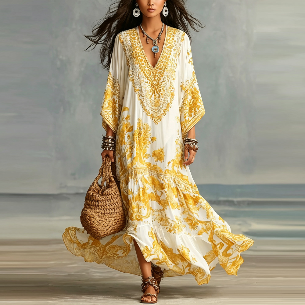Bohemian Floral Print Loose Fit Long Sleeve Shirt Dress