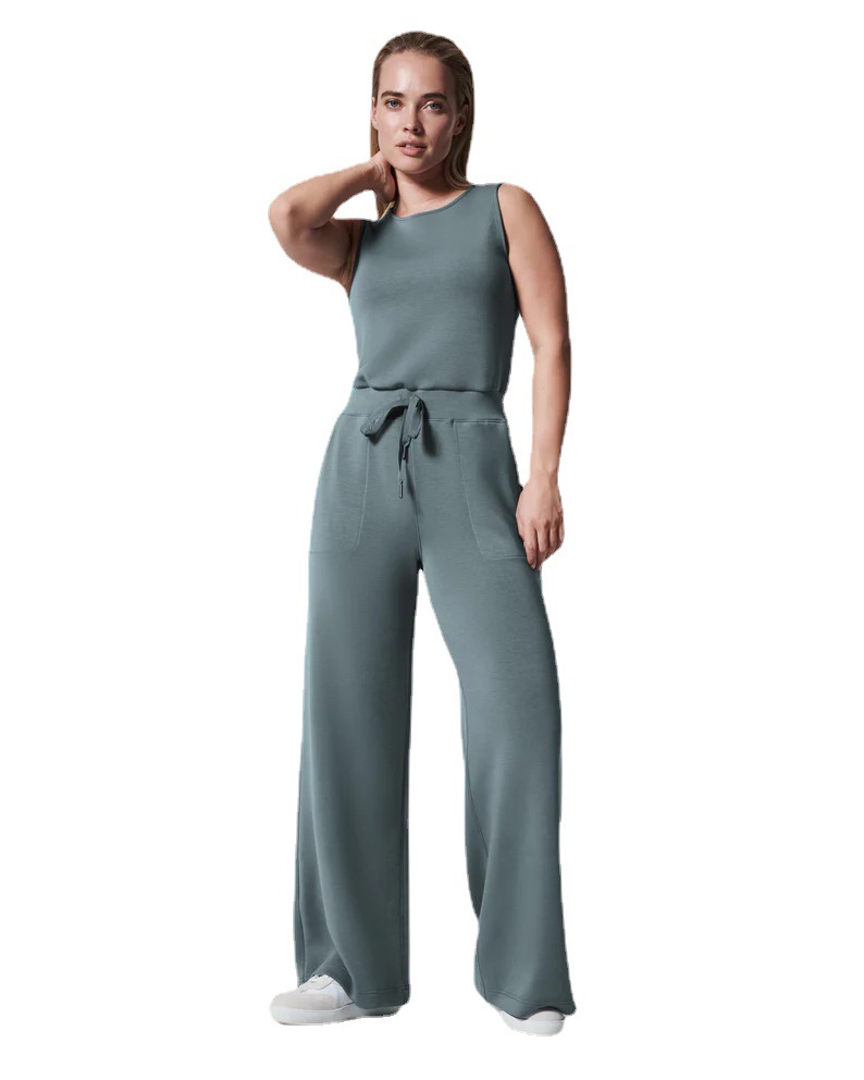 Women's Solid Color Sleeveless Tie-Waist Jumpsuit with Pockets
