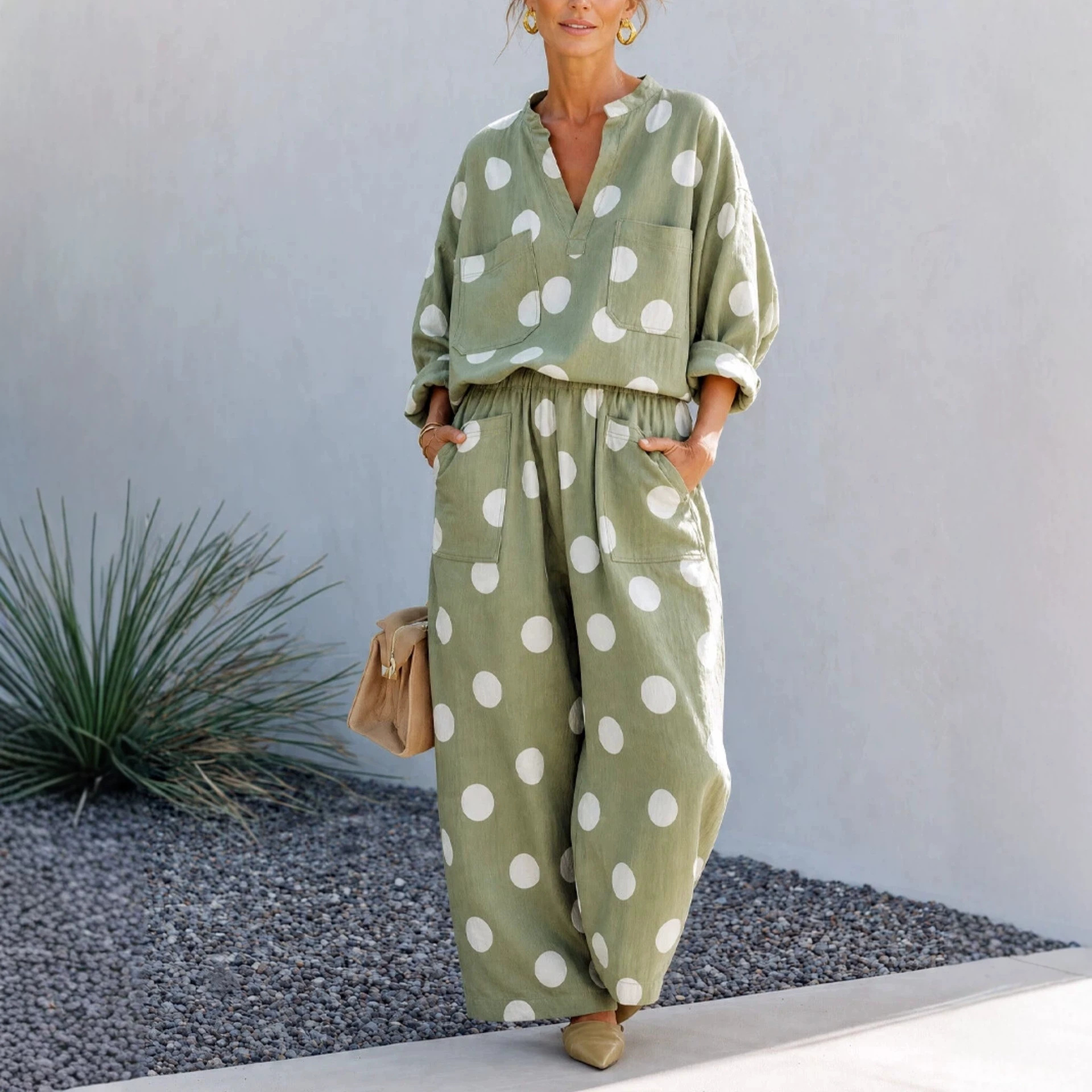 Women's V-Neck Long Sleeve Top and Wide-Leg Pants Two-Piece Set