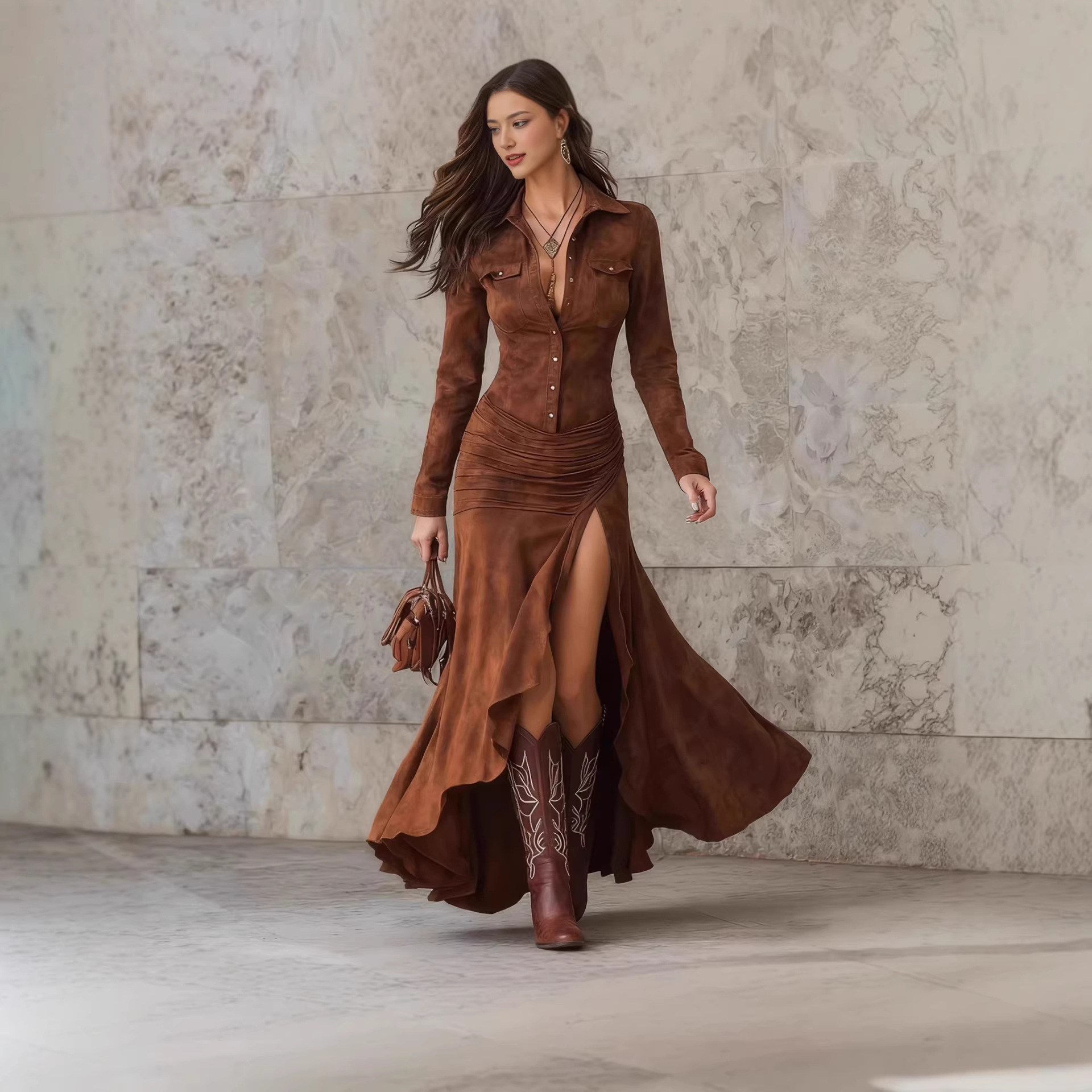 Suede Slim Fit Zip Stand Collar Slit Long Dress