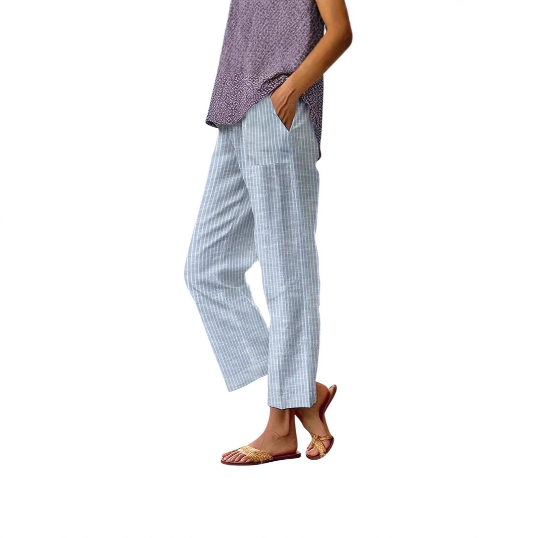 Women's Striped Cotton-Linen Straight-Leg Pants with Elastic Waist