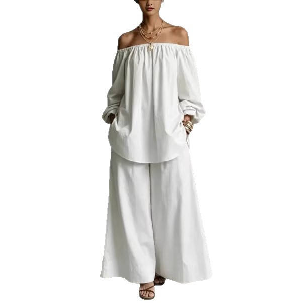 Women's Off-Shoulder Long-Sleeve Top and Wide-Leg Pants Set