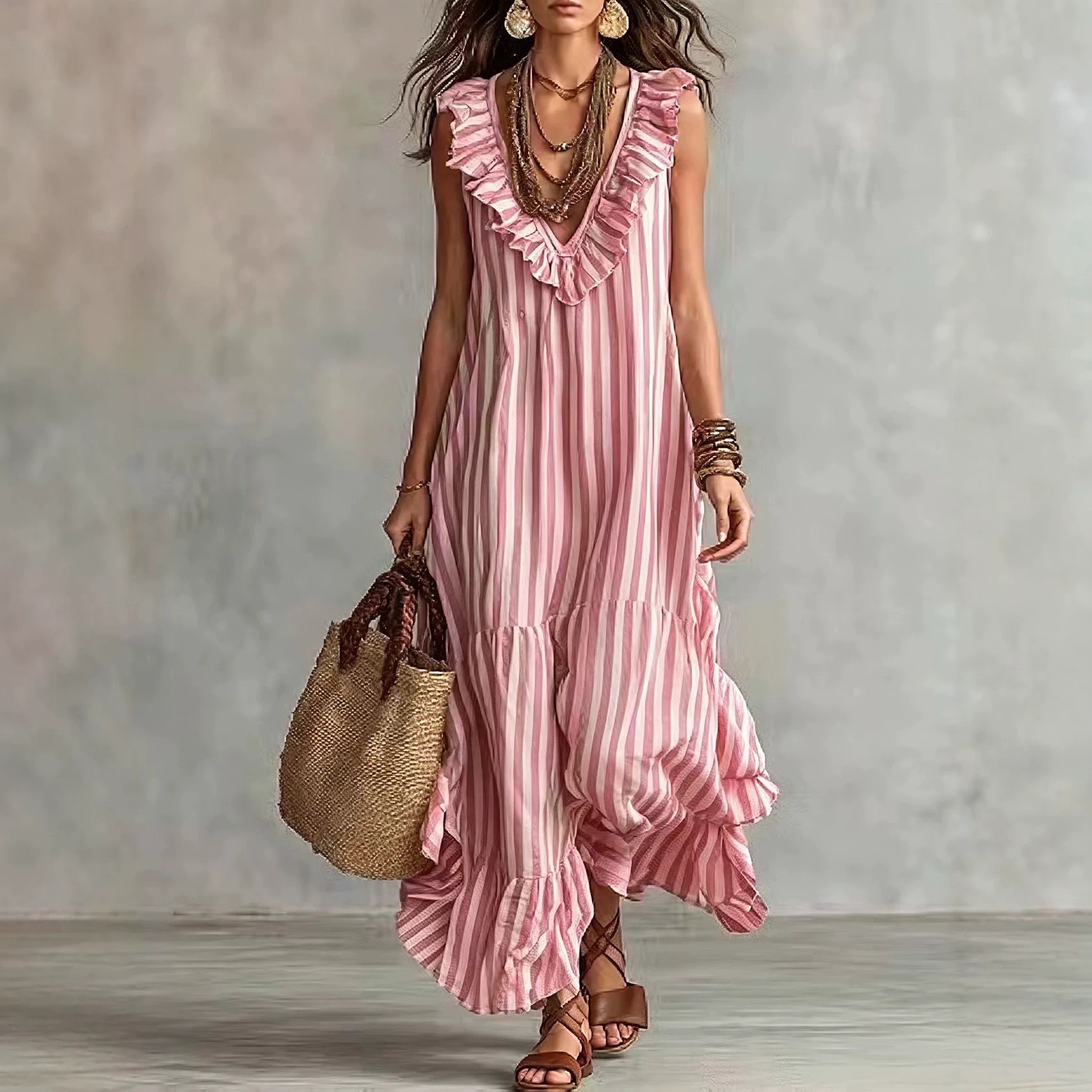 Striped Ruffle V-Neck Sleeveless Maxi Dress