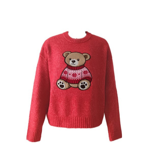 Women's Christmas Crewneck Sweater with Cartoon Appliqué Embroidery Long Sleeve Knit Top