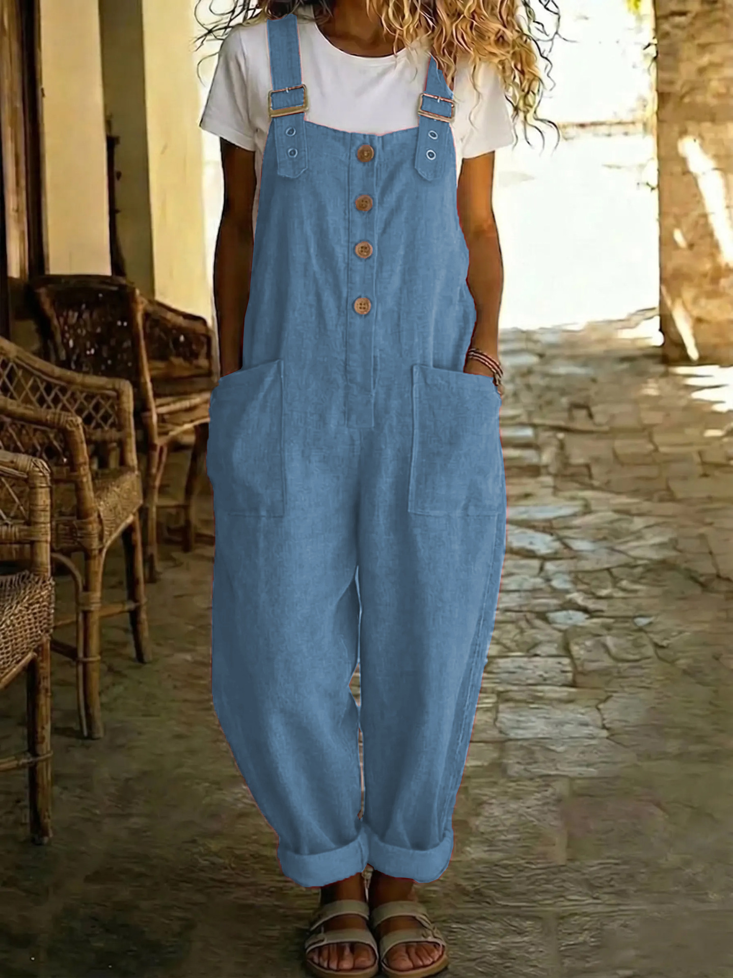 Women's Cotton-Linen Solid Color Vintage Straight-Leg Overalls with Pockets