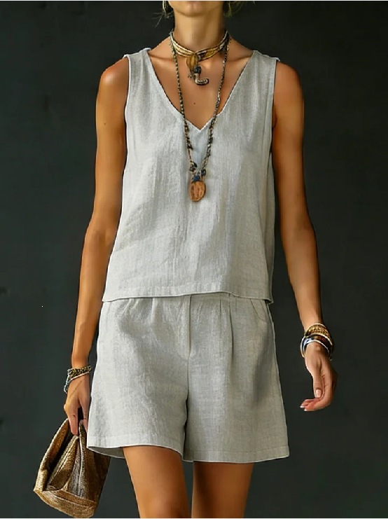 Women's Sleeveless Linen-Cotton Vest and Shorts Set Solid Color Two-Piece