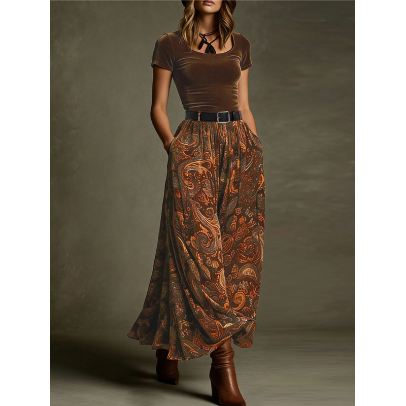TUME Vintage Velvet Paisley Patchwork Dress with Belt