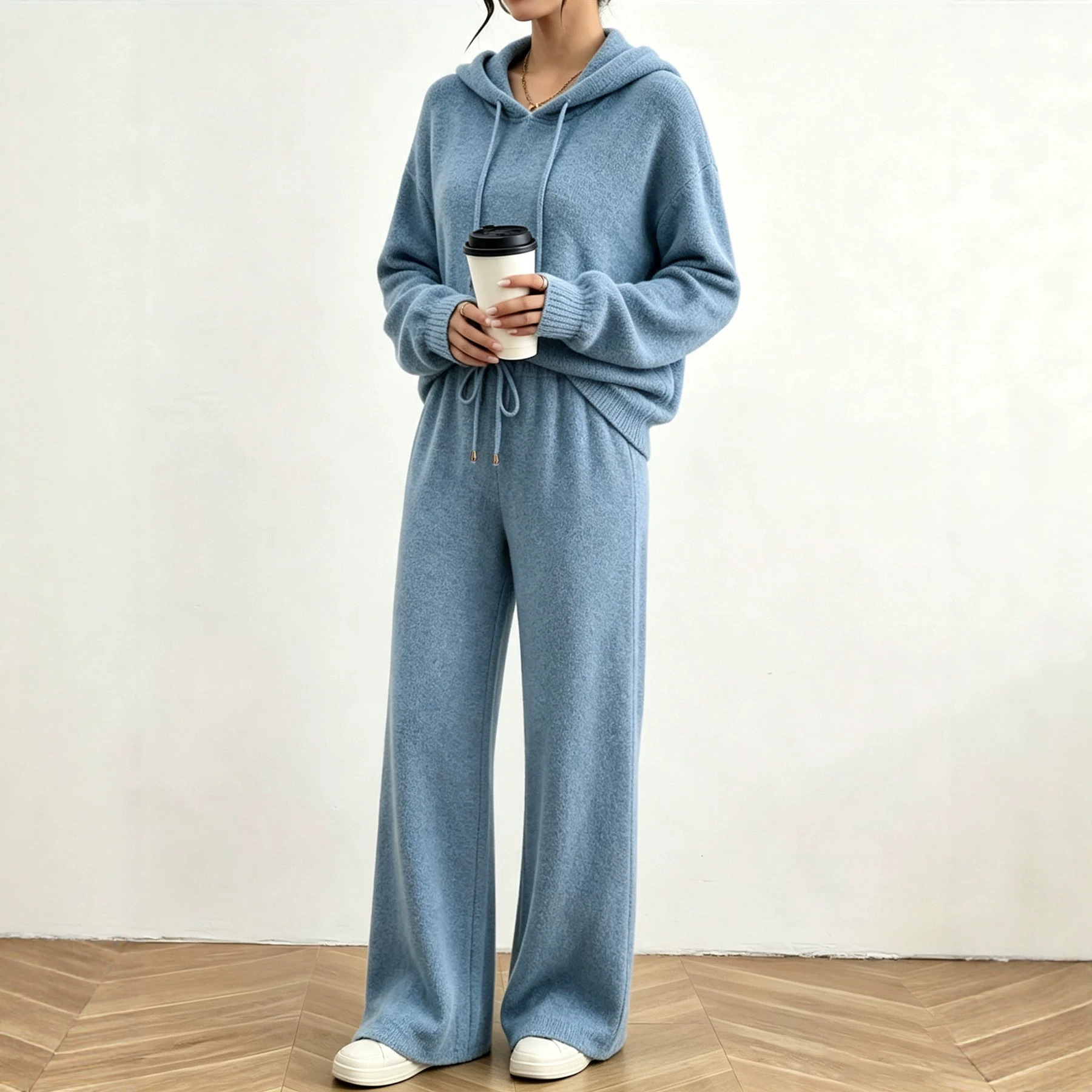 Women's Long Sleeve Knit Two-Piece Set Solid Hooded Top & Wide-Leg Pants