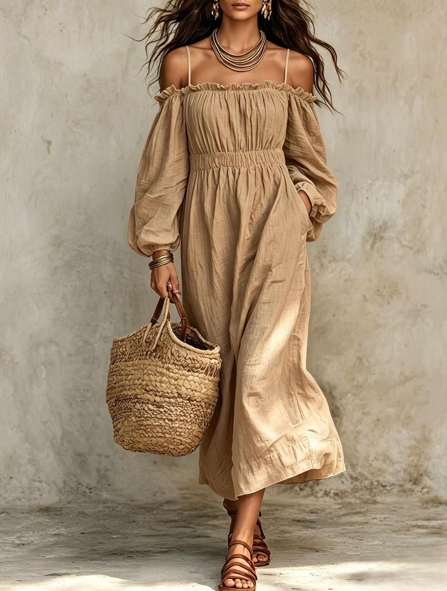 Cotton-Linen Off-Shoulder Pleated Maxi Dress