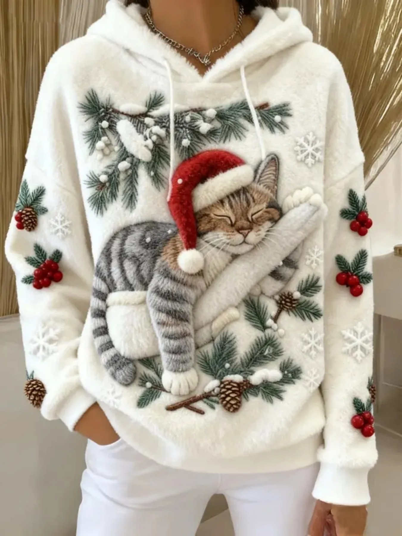 Christmas Cat Print Fleece Hoodie Women's Pullover