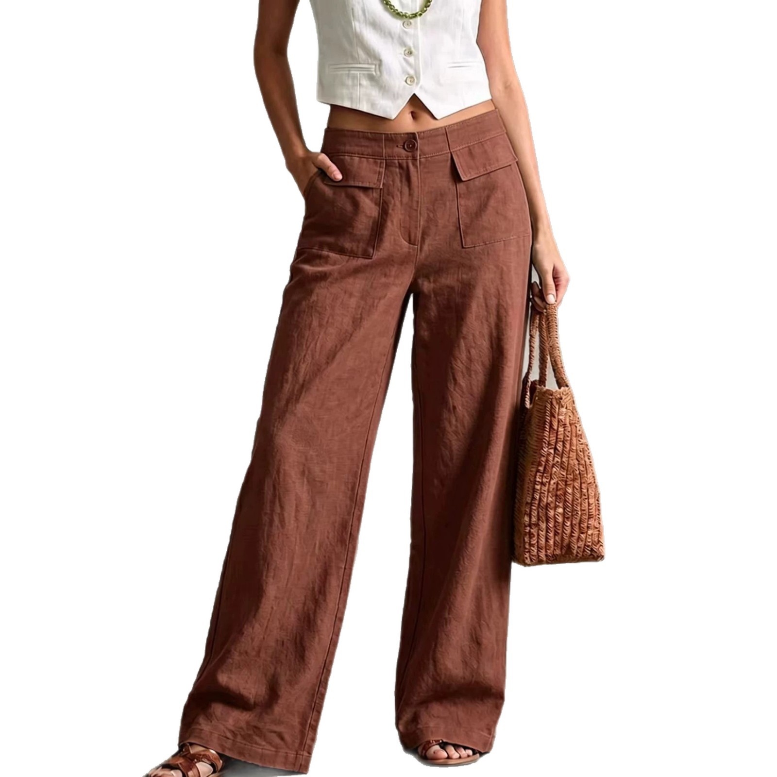 Women's Solid Color Wide-Leg Elastic Waist Casual Pants