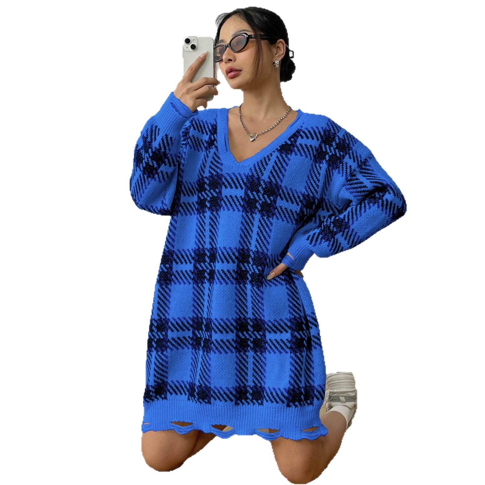 Women's Color-Block Plaid Knit Dress V-Neck Long Sleeve Midi