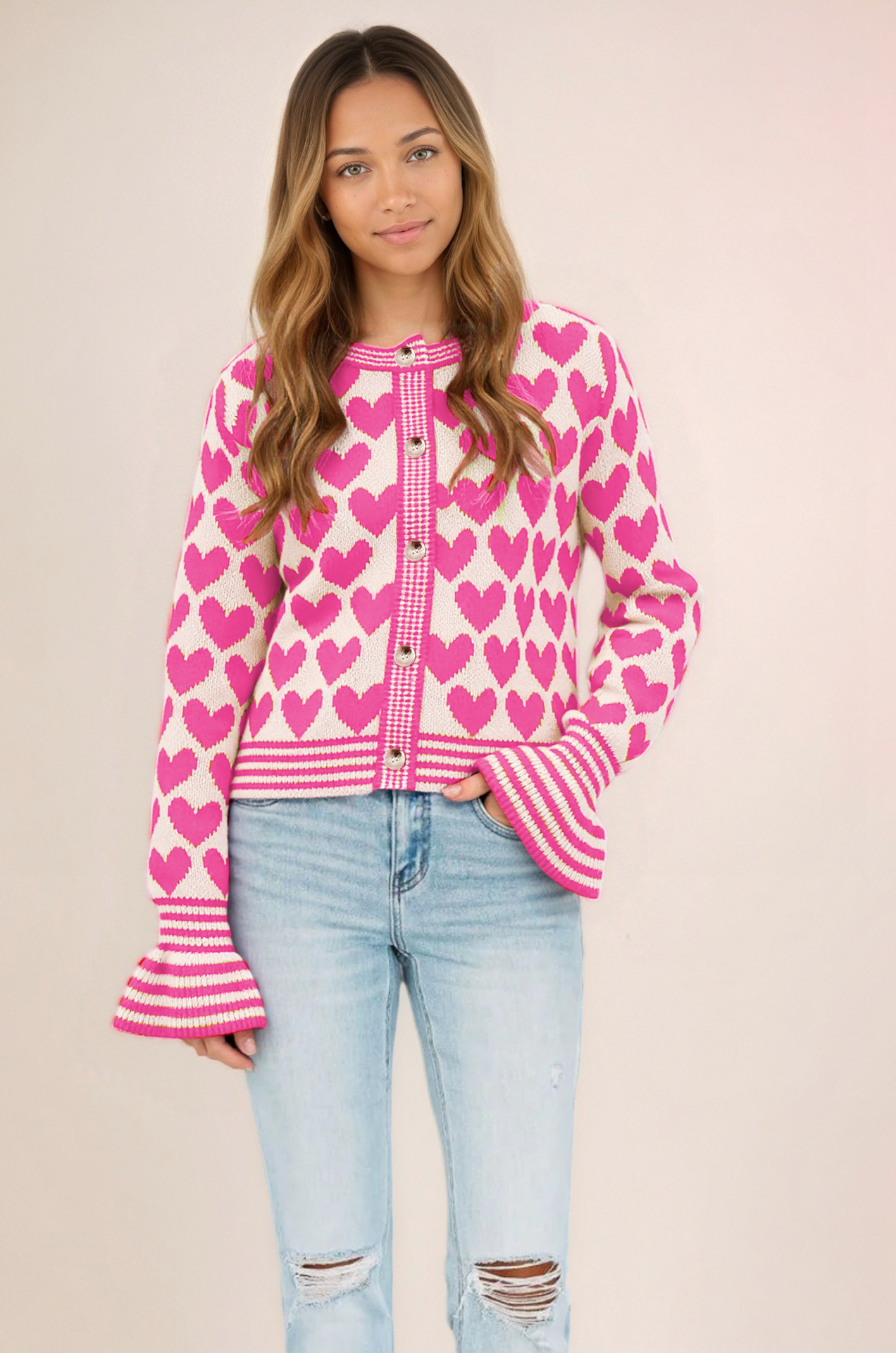 Heart Knit Cardigan Button-Up Flared Sleeve Sweater