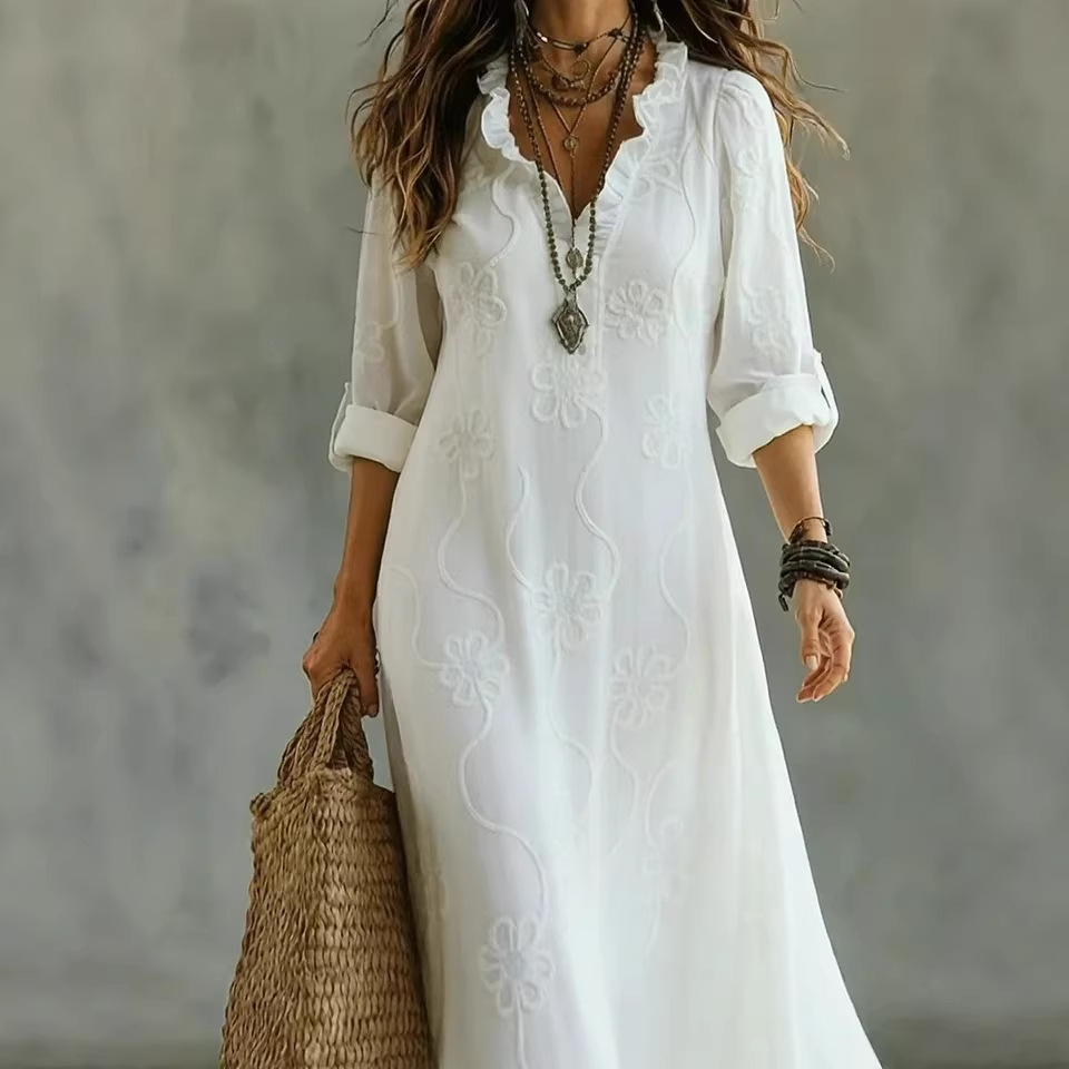 Embroidered Cotton-Linen Blend Dress with V-Neck and Lantern Sleeves