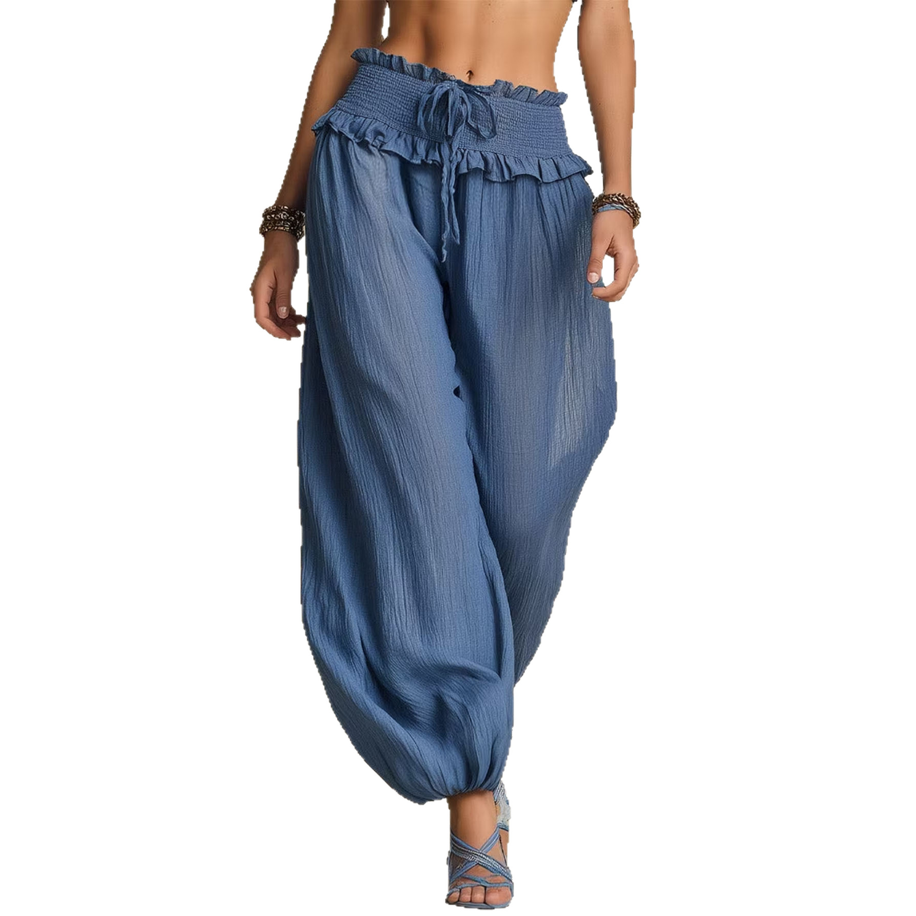High-Waist Wide-Leg Ruffle Trim Pants for Women, Loose Flowing Floor-Length