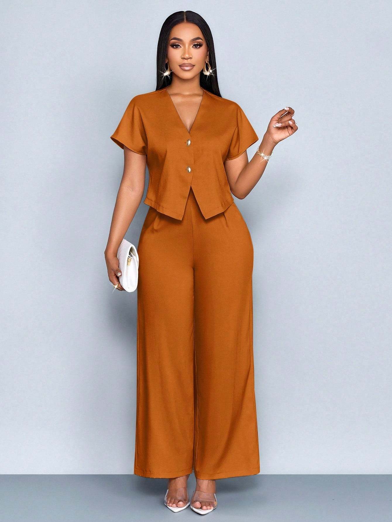 Women's V-Neck Asymmetric Cardigan & Wide-Leg Pants Plus Size Casual Two-Piece Set