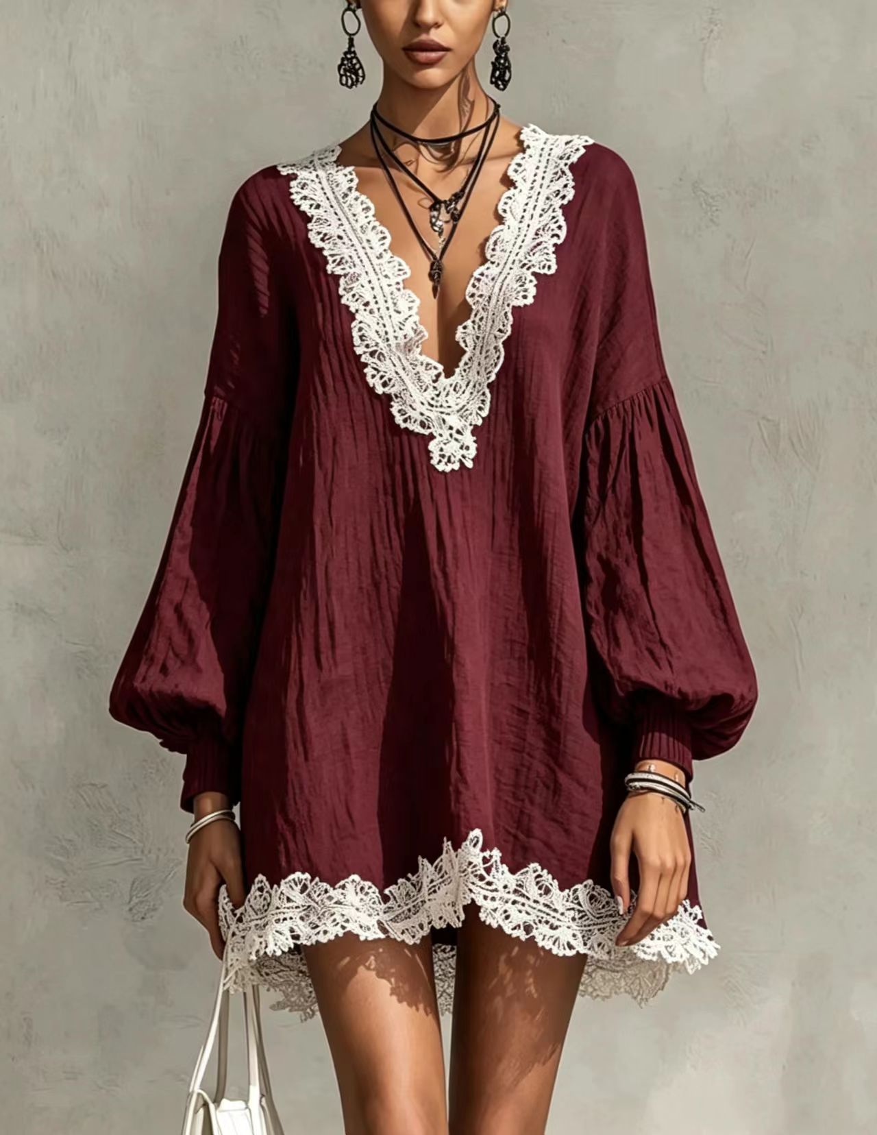 Color-Block V-Neck Lace Trim Lantern Sleeve Loose Dress
