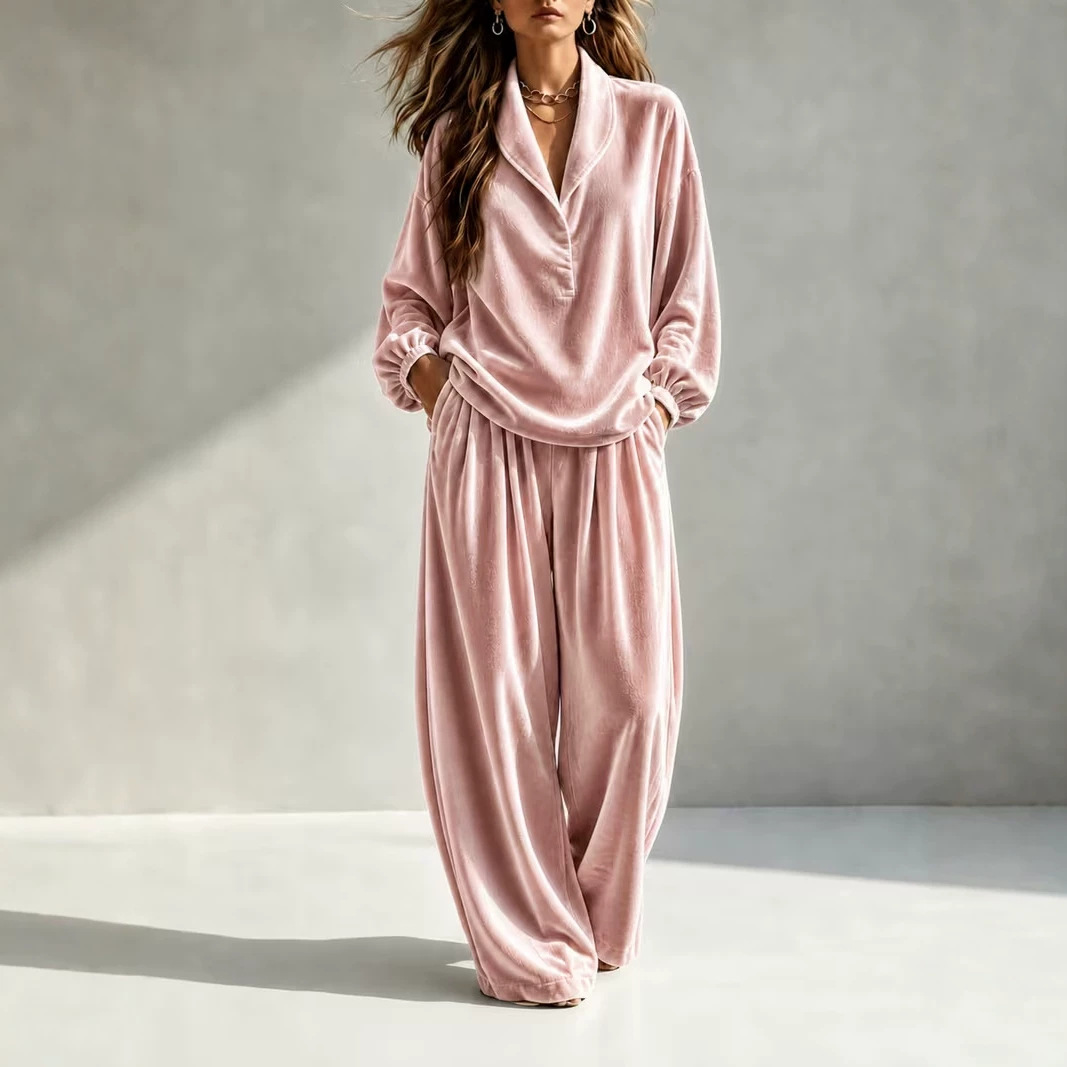 2026 Women's Autumn/Winter New Casual Fashion Velvet Long-Sleeve Long Pants Lapel Set for Amazon and Independent Sites