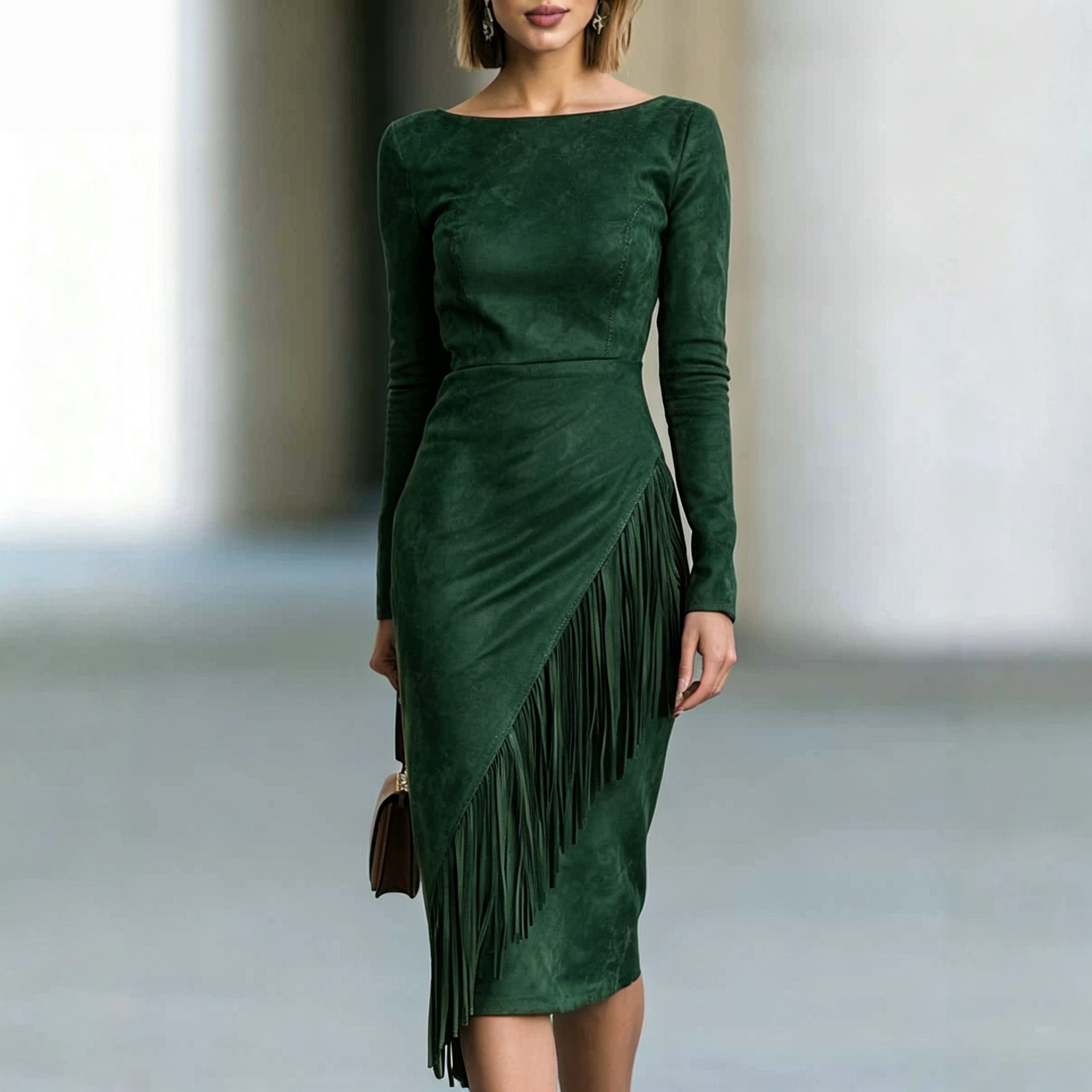 Bohemian Faux Suede Fringe Patchwork Long Dress