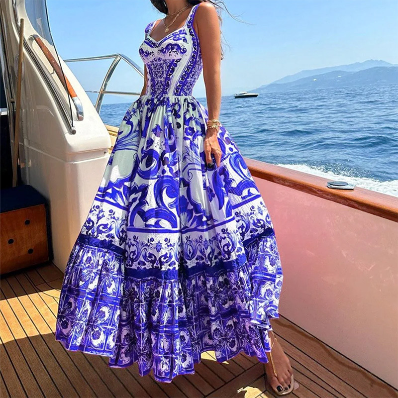 Women's Sleeveless Floral Maxi Dress High Waist Vacation Casual