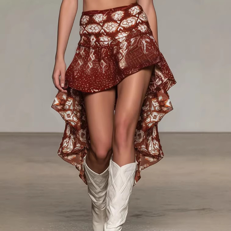 Wine Red Geometric Chiffon Top and Ruffle Skirt Set