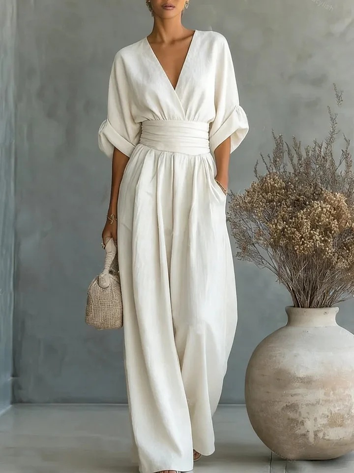 Elegant V-Neck Cinched Waist Wide-Leg Jumpsuit