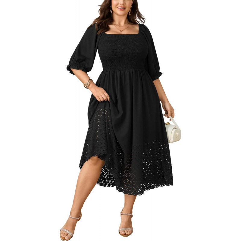 Plus Size Square Neck Cutout Ruched A-Line Boho Midi Dress