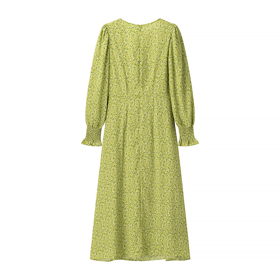 Green Floral Print Puff Sleeve Midi Dress