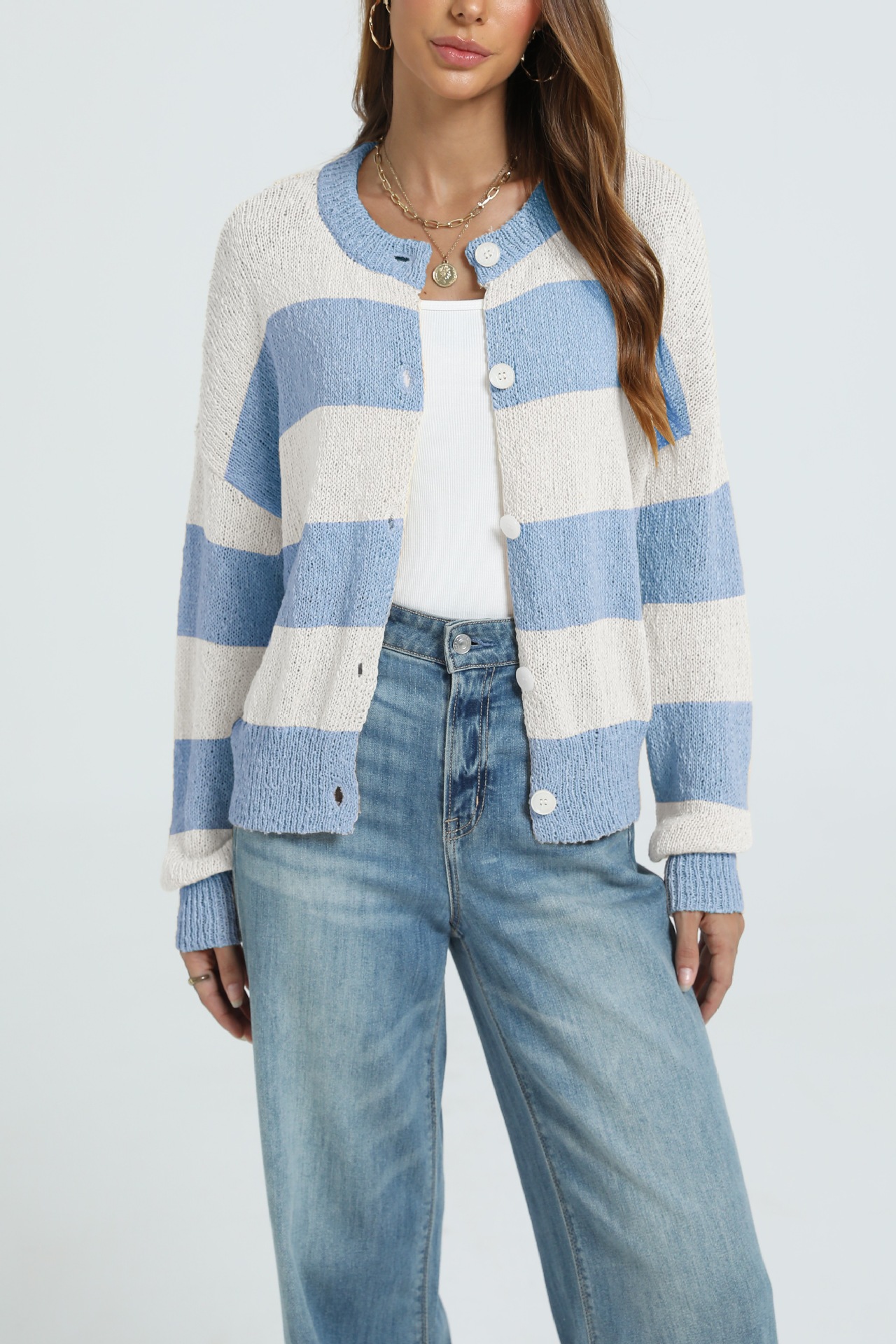 Striped Knit Cardigan Long Sleeve Round Neck Button-Up Sweater