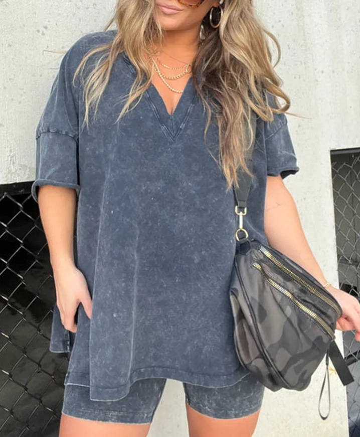 V-Neck Faux Denim Two-Piece Set with Short Sleeve Tee and High-Waist Shorts