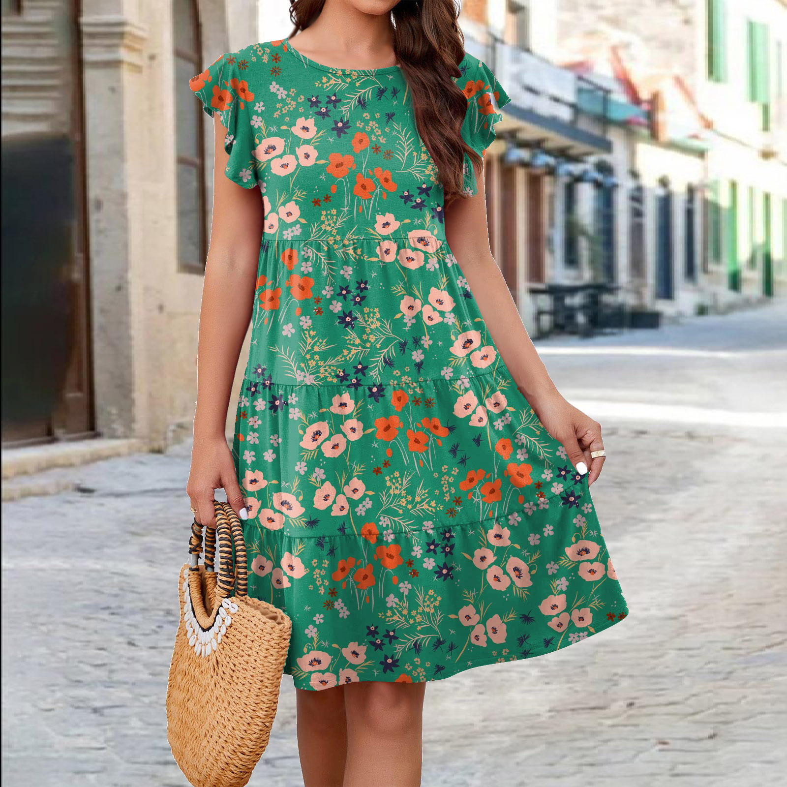 Floral Print Tiered Cake Dress with Flutter Sleeves