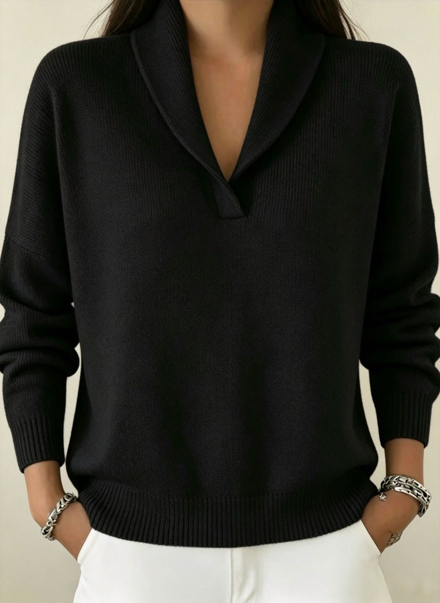 Women's Shawl Collar Knit Sweater Loose Drop Shoulder Solid Color Pullover