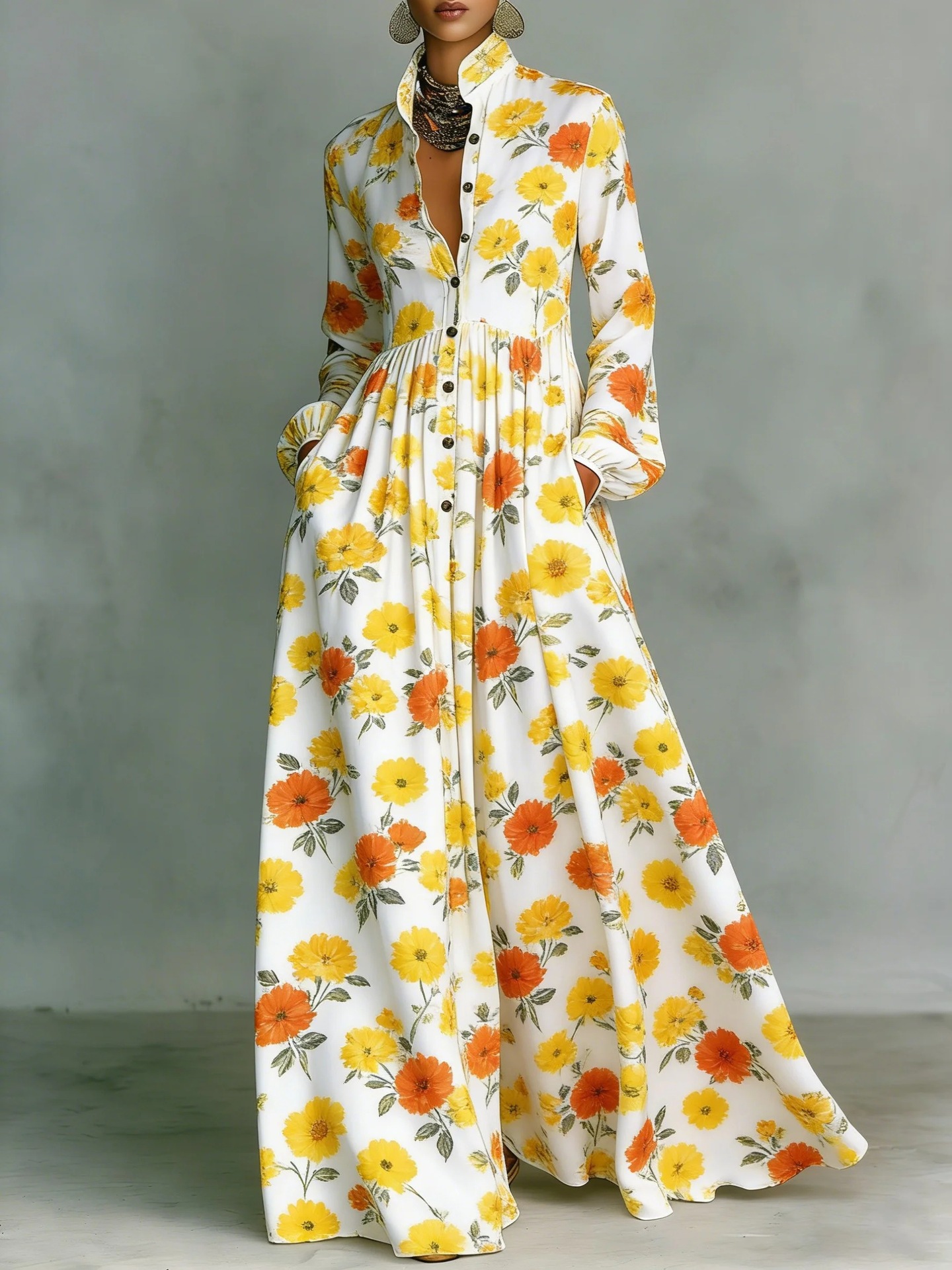 French Waist-Cinching Floral Print Long Sleeve Maxi Dress