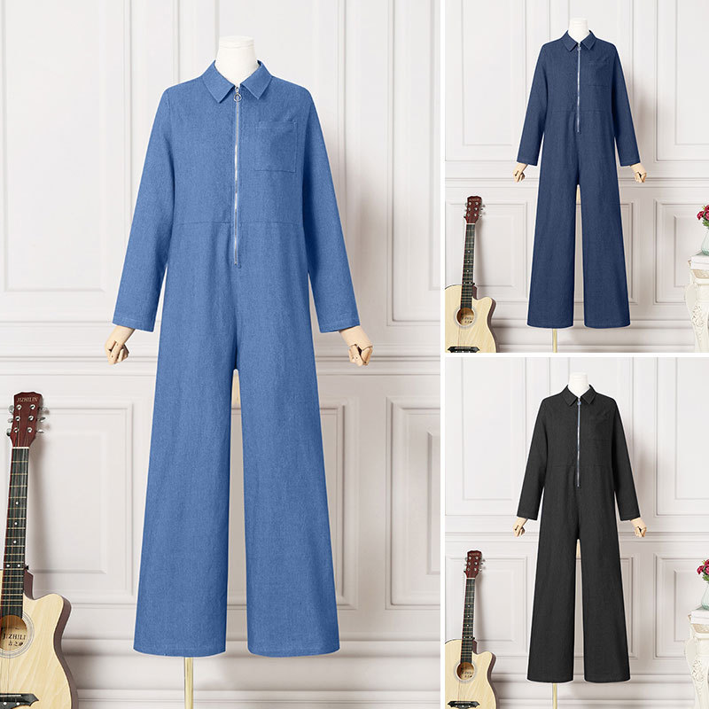 Plus Size Zip-Front Denim Jumpsuit for Women