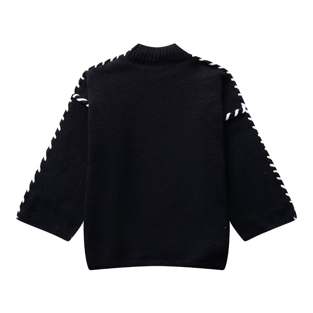 Women's Color-Block Crewneck Long-Sleeve Knit Sweater with 3D Pattern